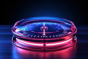 Glowing neon line with speedometer speed time clock icon in glossy neon style