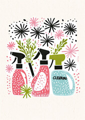 Seasonal spring cleaning, florals and cleaning products pastel retro design