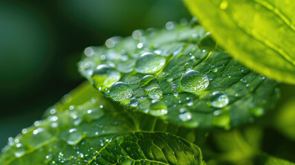 Close up of water droplets on vibrant fresh green leaves background