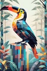 Painted tropical toucan in the style of mosaic art