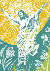 Fototapeta na wymiar Easter holiday postcard of Jesus outstretched arms, symbolizing resurrection