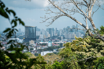 View over Panama City skyline from top of national park with jungle