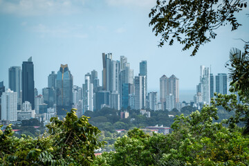 Obraz premium View over Panama City skyline with trees in foreground in Panama national park in horizontal view