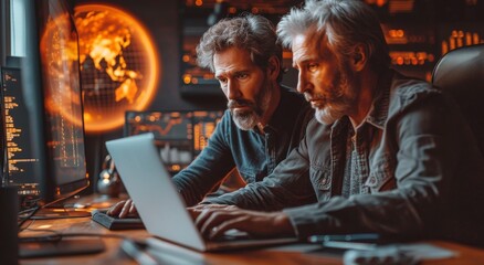 Two men sit side by side, engrossed in the glow of a laptop screen as they browse through a virtual...