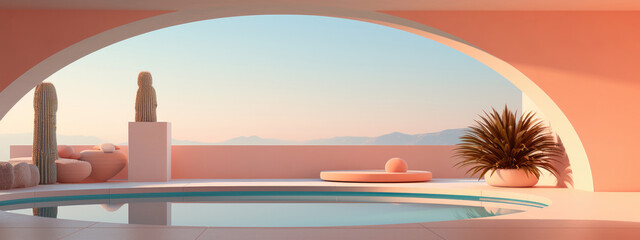 Coastal architecture with Peach Fuzz color Walls, minimalist background