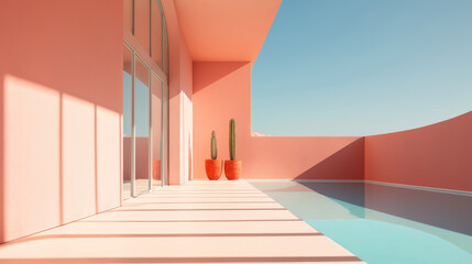 Coastal architecture with Peach Fuzz color Walls, minimalist background