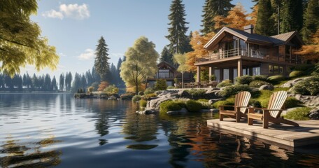 Obraz premium Discovering the Quiet Beauty of Lake House Escapes with Abundant Tranquil Views