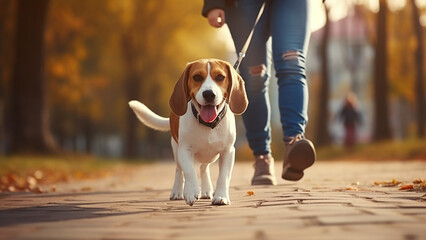 Happy Beagle take a walk in the park with human