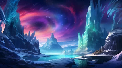 Fotobehang the aurora lights shine brightly in the night sky over an ice floese and icebergs in the ocean. © Ziyan
