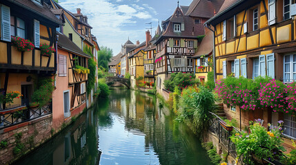 Fototapeta na wymiar Charming medieval town by the canal in Belgium, featuring old houses, bridges, and reflections on the water under a picturesque European sky