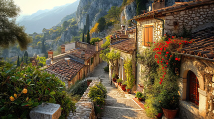 Scenic European Landscape: Old Town View with Mountains, Stone Houses, and Charming Architecture.