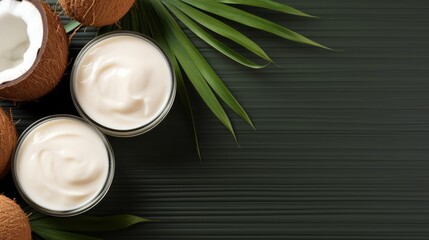 Cosmetic cream with natural Coconut Extract for skin and hands with palm leaves on green background. Coconut cream lotion. Copy space. Horizontal banner.