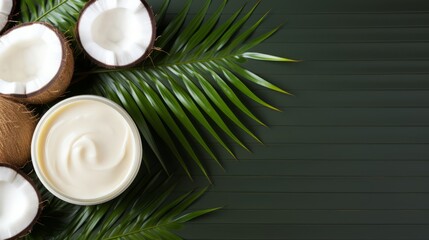 Coconut cream with natural Extract for skin and hands with palm leaves on green background. Coconut Cosmetic cream lotion. Copy space. Horizontal banner.