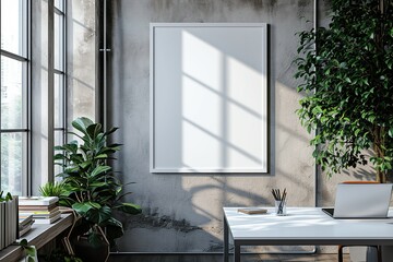 Minimalist Office Mockup Frame on Wall,Clean Workspace Mockup in Modern Office