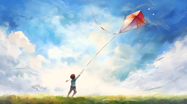 Watercolor illustration of kite flying in the sky.