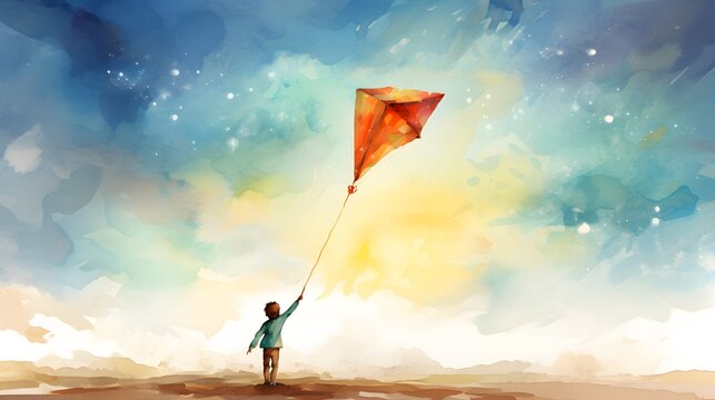 Watercolor illustration of kite flying in the sky.