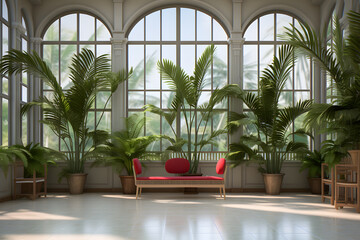 Fototapeta na wymiar Reception Area with Botanical Garden Atrium
