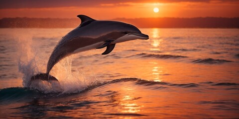 A dolphin leaps gracefully against a deeply colored sunset, its silhouette a dance of joy and freedom in the vibrant tapestry of the evening sky.