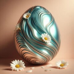Easter eggs decorated in mother-of-pearl and golden shades and floral arrangement. The Easter concepts.