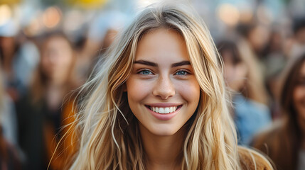 A cute blonde woman smiles in front of a large crowd of people, radiating joy and happiness at a public event. - obrazy, fototapety, plakaty