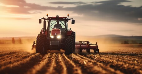 Obraz premium Earth's Tiller - A farmer driving a tractor in a field