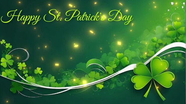 Animated video of St. Patrick's Day background with shamrock or clover leaves and falling gold coins 