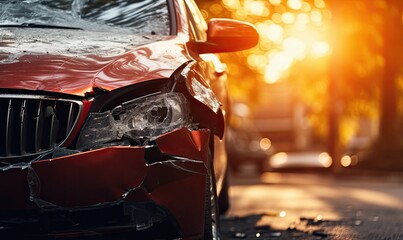 Damaged car on the road after car accident - obrazy, fototapety, plakaty