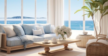 A Living Room Interior in Coastal Design Style with a White and Blue Color Scheme, Overlooking a Stunning Ocean View