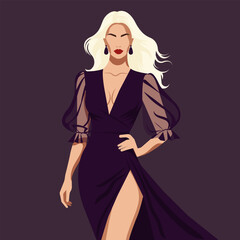 Vector flat faceless illustration of a beautiful sexy woman in a stylish dress with voluminous transparent sleeves and a slit on the leg.
