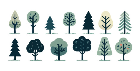 Collection of simple trees, different color trees, set
