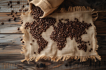Coffee Beans Forming World Map on Burlap