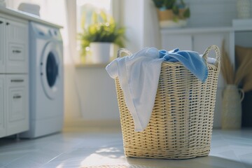A basket full of freshly washed clothes waiting to be put away in the soft sunlight. Clothes after being washed in a corner of the laundry room. - obrazy, fototapety, plakaty