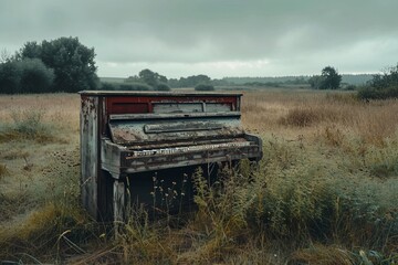 An old piano left in a desolate field, an evocative image of music's enduring resonance in forgotten places.