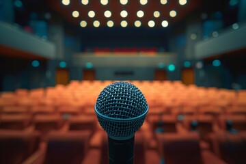 Close-up of a microphone on stage in an empty auditorium, symbolizing performance, speech, and anticipation.