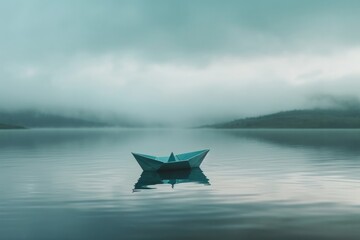 A paper boat floats on a misty lake, evoking solitude and the simplicity of nature's quiet moments. - obrazy, fototapety, plakaty