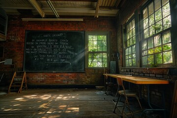 An abandoned classroom with a chalkboard full of equations, a poignant reminder of education's lasting impression.

