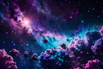 Fototapeten Violet, pink, blue and cyan universe with stars in the galaxy landscape © sundas