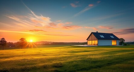 A Picturesque Landscape of a Glowing Sunset Over a Verdant Meadow with a House in the Backdrop