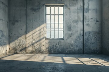 Sunlight streams through a window casting a shadow on a concrete wall, creating a play of light and architecture.