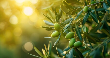 The Elegant Simplicity of a Green Olive Branch with a Blurred Nature Background - obrazy, fototapety, plakaty