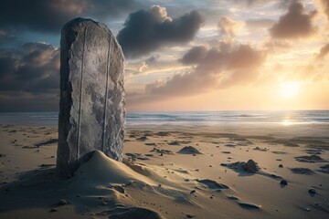 Monolithic stone standing on a sandy beach at sunrise, a symbol of timelessness and natural balance.