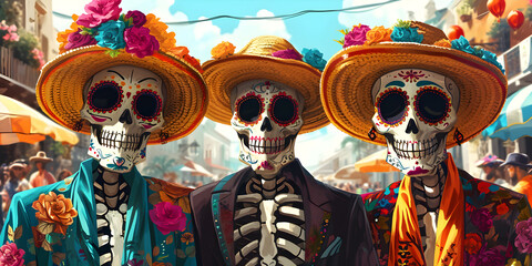 Day of the dead street festival in vivid cartoon style with macabre and surreal atmosphere.