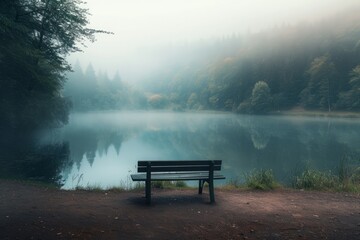 Obraz premium An empty bench overlooks a foggy lake in a serene forest setting, a peaceful retreat into nature.