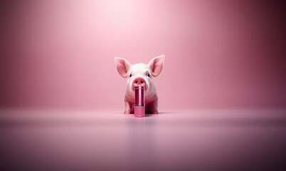 Putting Lipstick on a Pig, pink background, cute pig with pink lipstick