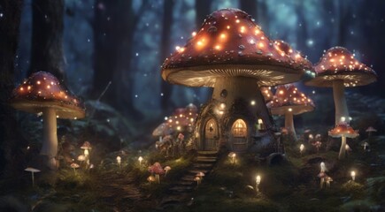 A forest floor covered in glowing mushroom houses