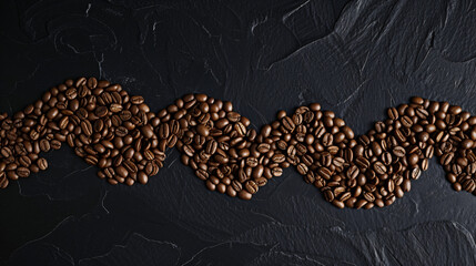 A curved line of roasted coffee beans on a dark slate background