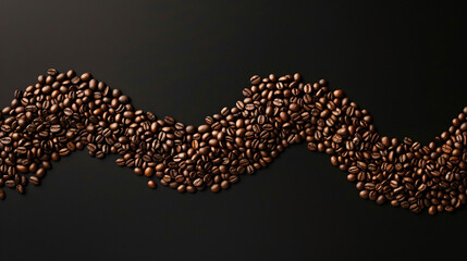 Dark roasted coffee beans forming a sinuous line on a gradient background
