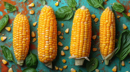 Rustic Summer Corn Arrangement with Basil on Blue Textured Surface