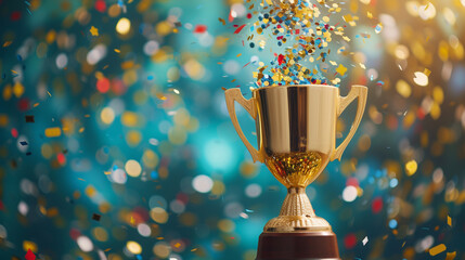 trophy cup and golden confetti on the table. - obrazy, fototapety, plakaty