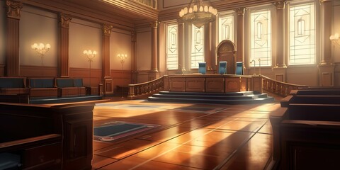 Courtroom interior. Empty Courthouse room interior. Law and Justice concept - obrazy, fototapety, plakaty